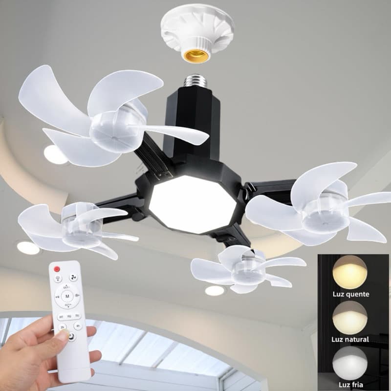 Ventilador Drone de Teto Bivolt Dobrável Lâmpada LED 60W Com Controle Remoto - Entrada E27 Com 4 Hélices- base cor preta