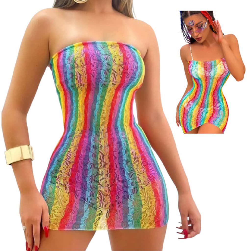 Vestido Feminino Arrastão Sem Alça Colorido Transparente