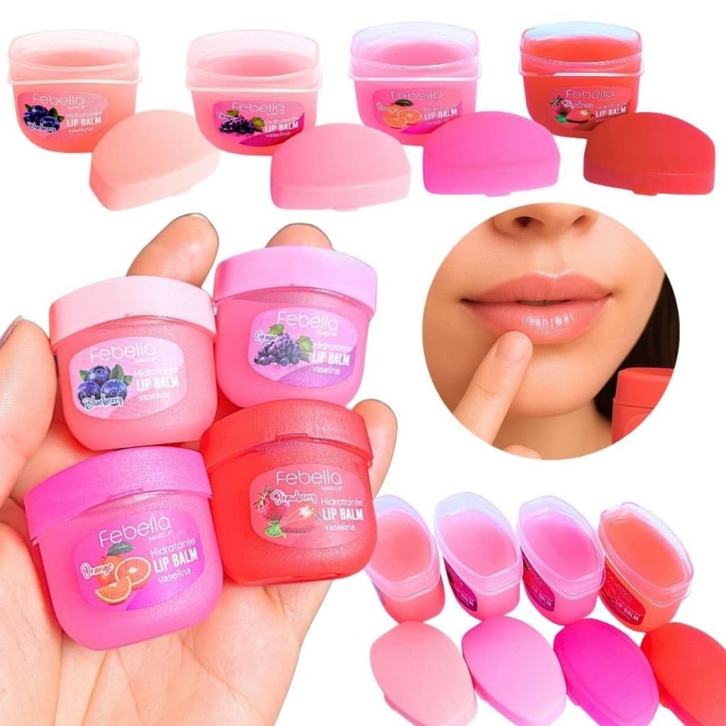 Kit 4 Hidratante Labial Lip Combo Vaselina para Lábios Ressecados Mini Lip Balm com Cheirinho de Fruta Febella
