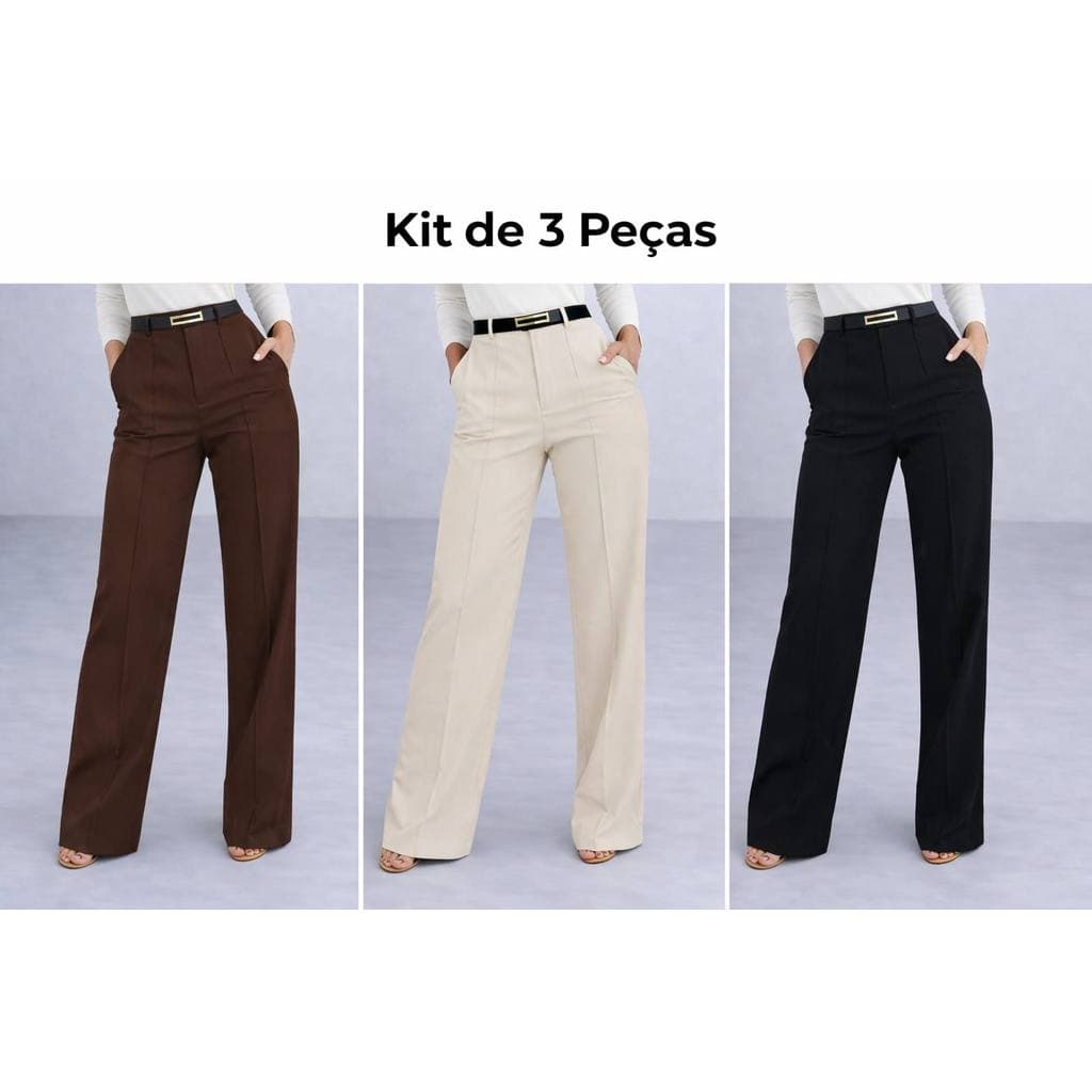 Kit 3 Calças Pantalona Feminina Alfaiataria Com Cinto