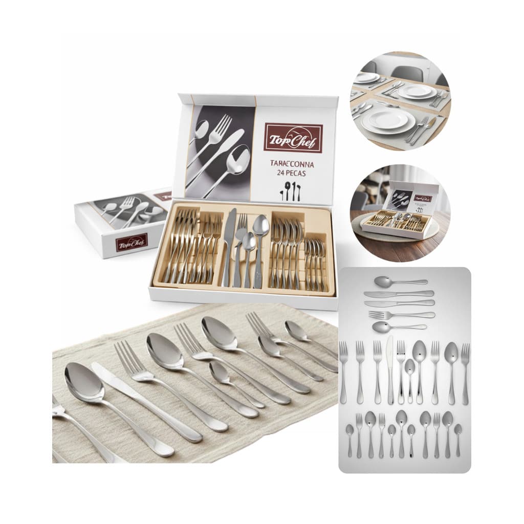 Faqueiro 24 Peças Aço Inox Prata Talheres Completo Jogo Mesa Jantar Cozinha Resistente Luxo Elegante