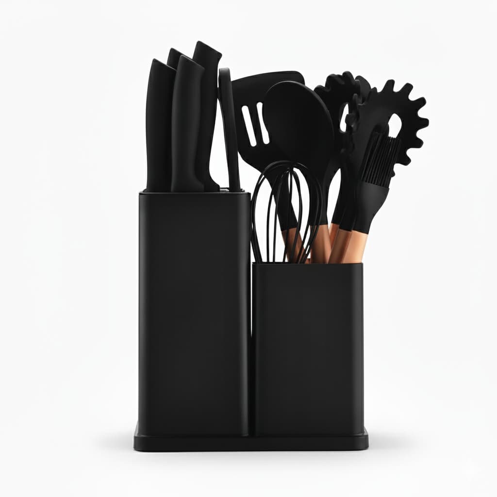 Kit Utensílios de Cozinha 19 Peças Silicone Cabo de Madeira com Facas e Tábua | Conjunto Completo