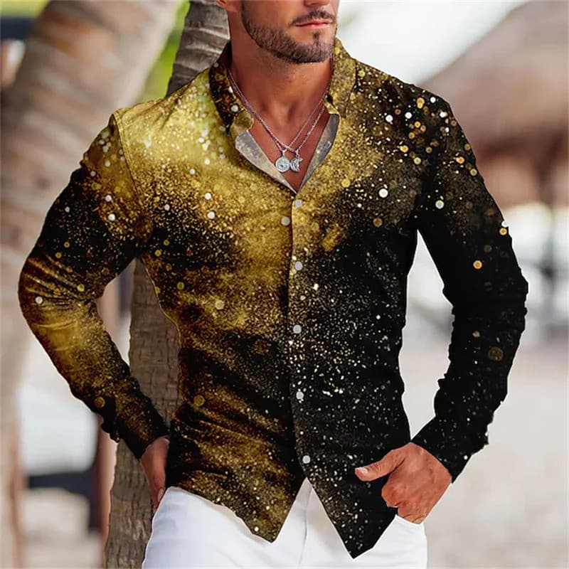 Nova camisa masculina de outono, casual, versátil, de estilo urbano, com gola de lapela, de botões, dourada, simples e d