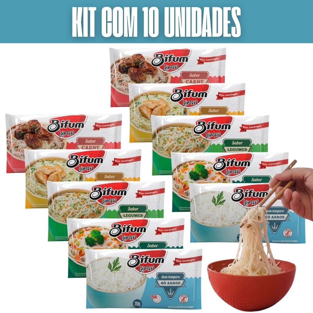 Kit 10 Lámen Bifum Macarrão de Arroz Fit Sem Glúten Zero Gordura Leve 67g