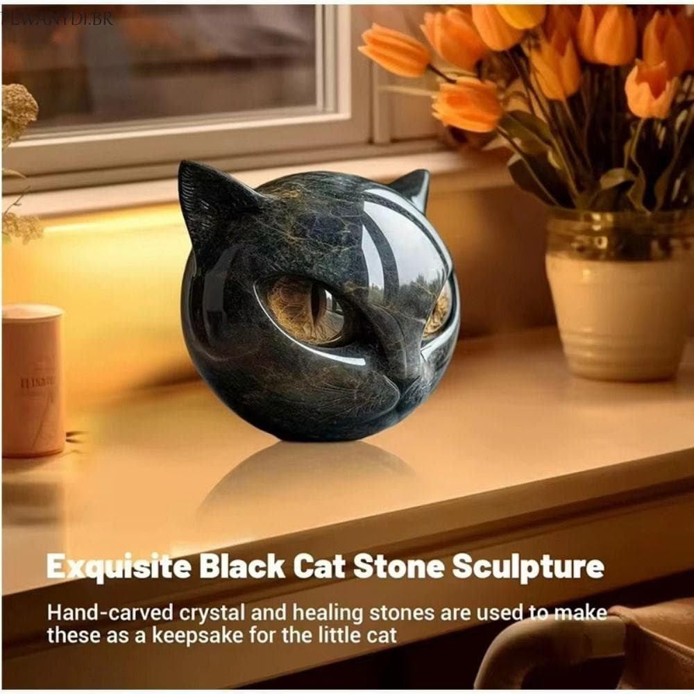Estatueta De Pedra De Gato Preto PEWANYDI , Escultura Resina De Olhos Âmbar Com Textura De Mármore , Obsidiana
