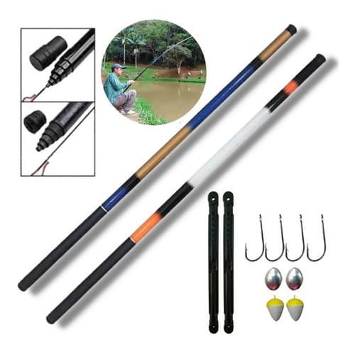 Kit de Pesca Completo 2 Varas Telescópica Lisa 3,00 Metros 40% Carbono Leve Boia Anzol E Chumbo