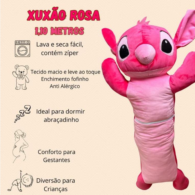 Travesseiro de Corpo Pelúcia Xuxão Stitch Rosa Angel 1,10 metros Para Gestante Infantil e Adulto
