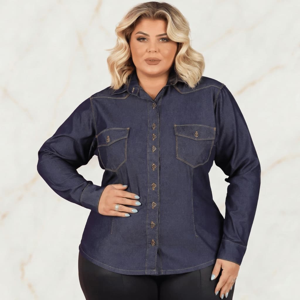Camisa Feminina Jeans Plus Size Manga Longa Casual Bolso Botão Comfy