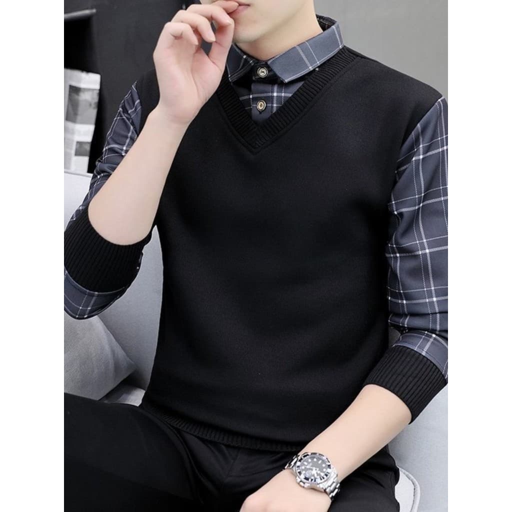 Primavera outono falso de duas peças de manga comprida xadrez costura camisa masculina na moda All-Match moletom versão