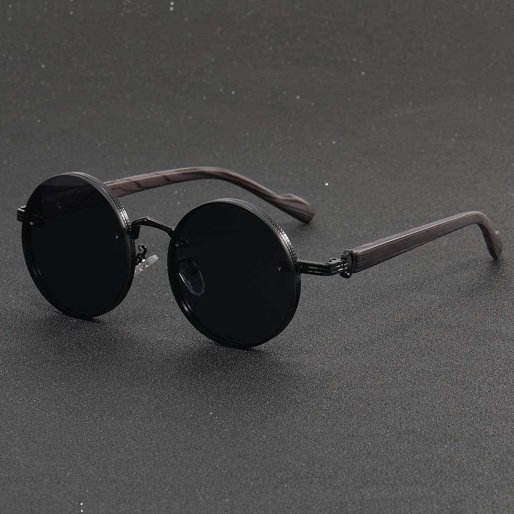 Óculos de Moda Retro Elegantes com Armação Redonda de Metal e Hastes com Textura de Madeira - Para Homens e Mulheres - A