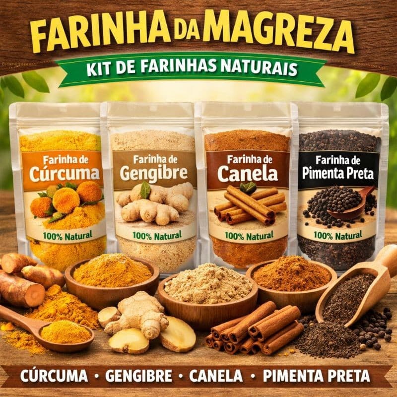 Kit Farinha da Magreza Natural – Cúrcuma, Gengibre, Canela e Pimenta Preta 100% Puras | Auxilia no Metabolismo Natural