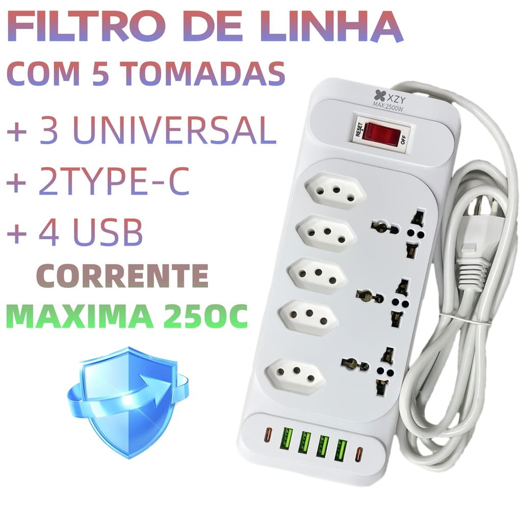 Régua Filtro de Linha com 8 Tomadas Extensão Elétrica 3 Universal 4 U 2 Type c 10A 110V/220V 2/3/5M
