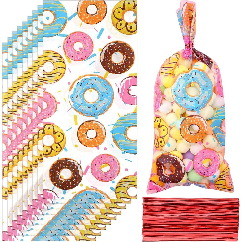 Perkoop 100 Peças de Sacos de Celofane para Doces e Lembrancinhas de Festa com Tema de Donuts, 5 x 11 Polegadas, com 150