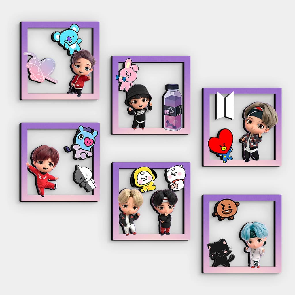 Kit 6 Quadros Bts Army Fãs MDF Vazado 14x14cm