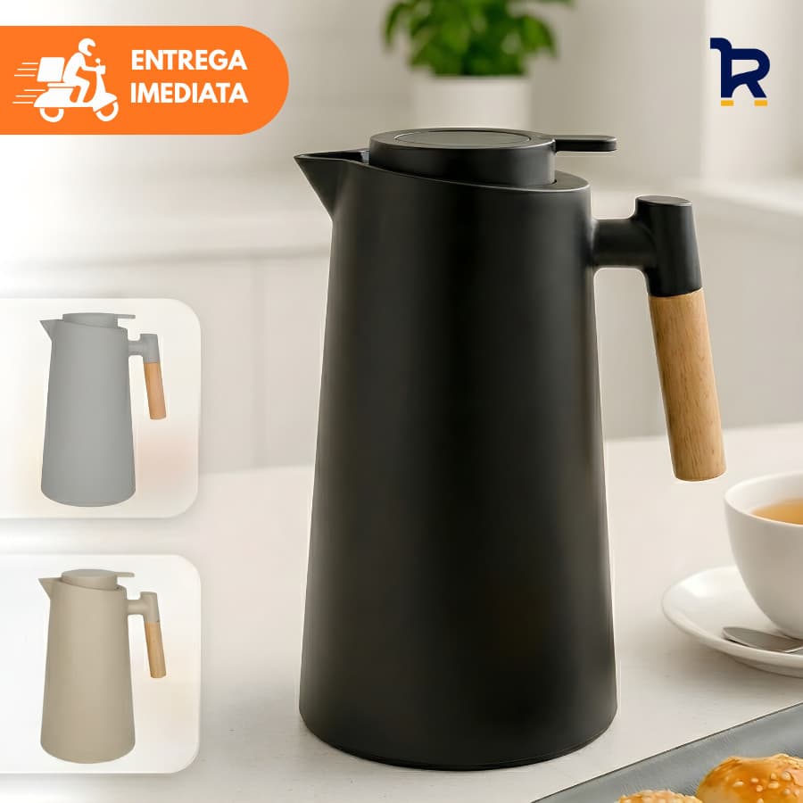 Garrafa Térmica de Café 1 Litro Nórdica com Cabo de Madeira Cafeteira Chá Água Mantém Quente e Frio