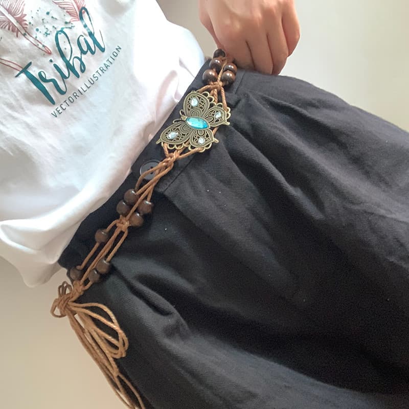 Senhoras boêmio estilo étnico cera corda cinto puro mão-tecido borboleta atada cintura corda vestido decoração