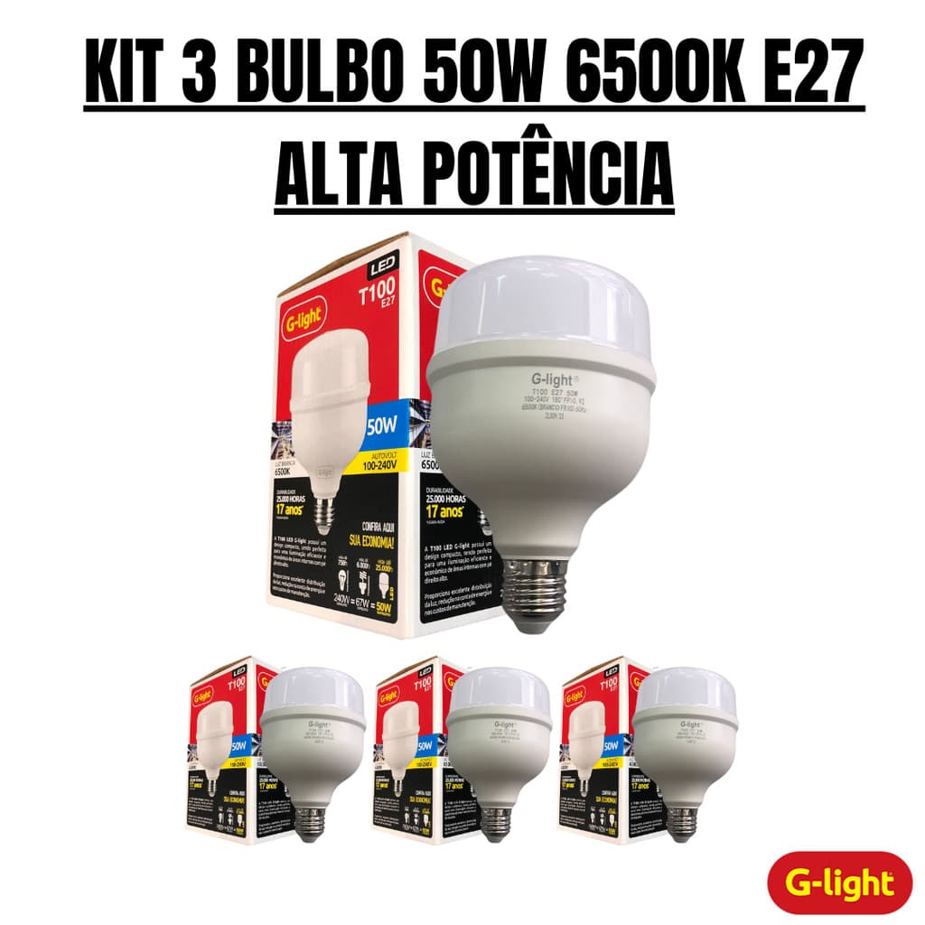 Kit 3 Lâmpada Led Bulbo 50w Branca Fria 6500k E27 Glight