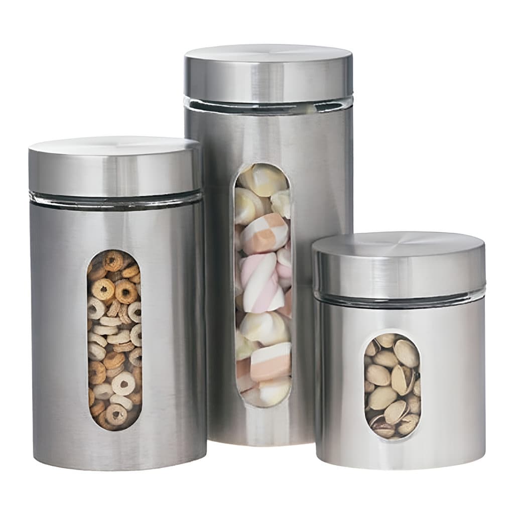 Conjunto Porta Mantimentos Wincy Vidro e Inox 3 Potes Rosca Visor