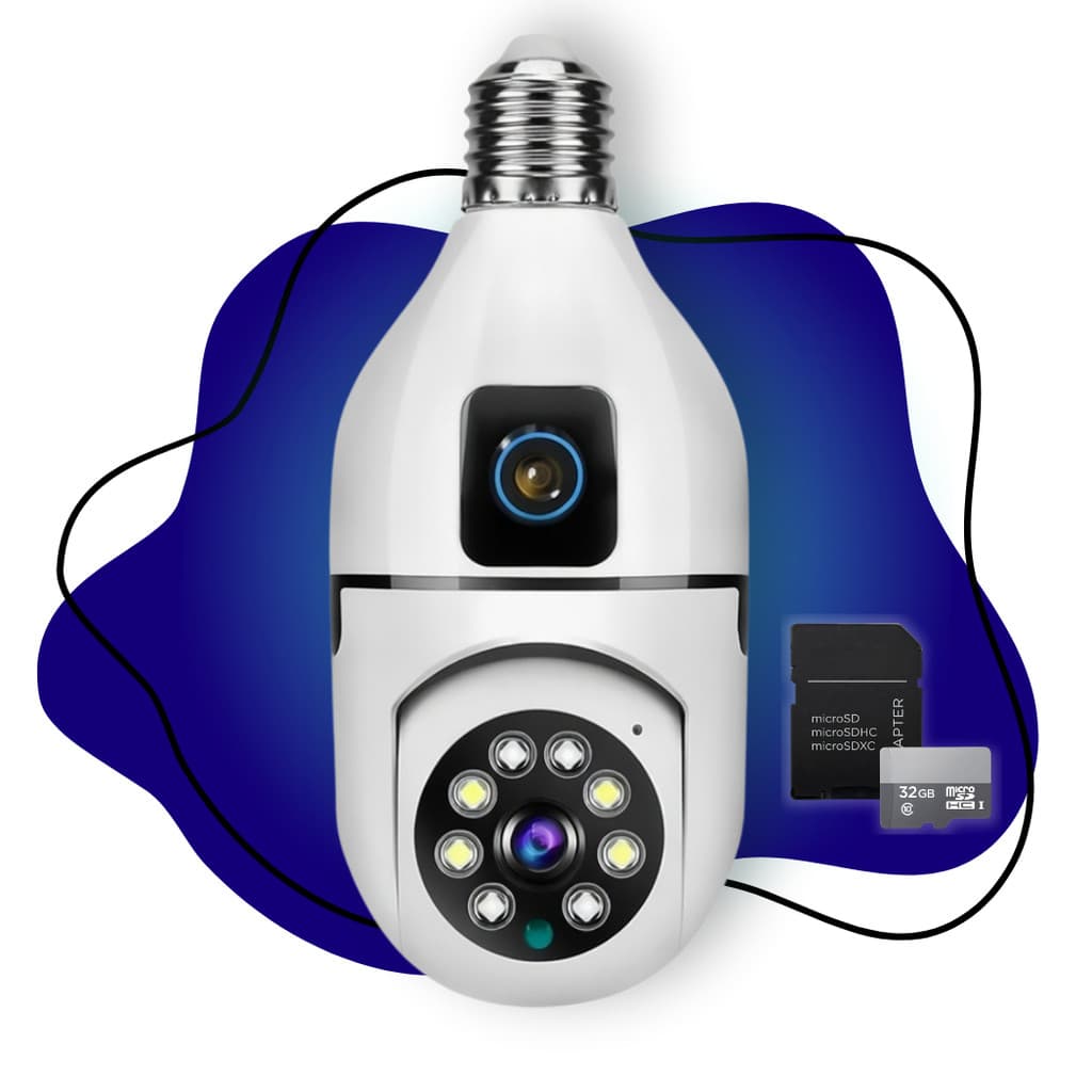 Câmera Lâmpada 360 Wifi Full HD e Cartão Memória SD 32GB Original E27 Bivolt - Visão Noturna e Áudio
