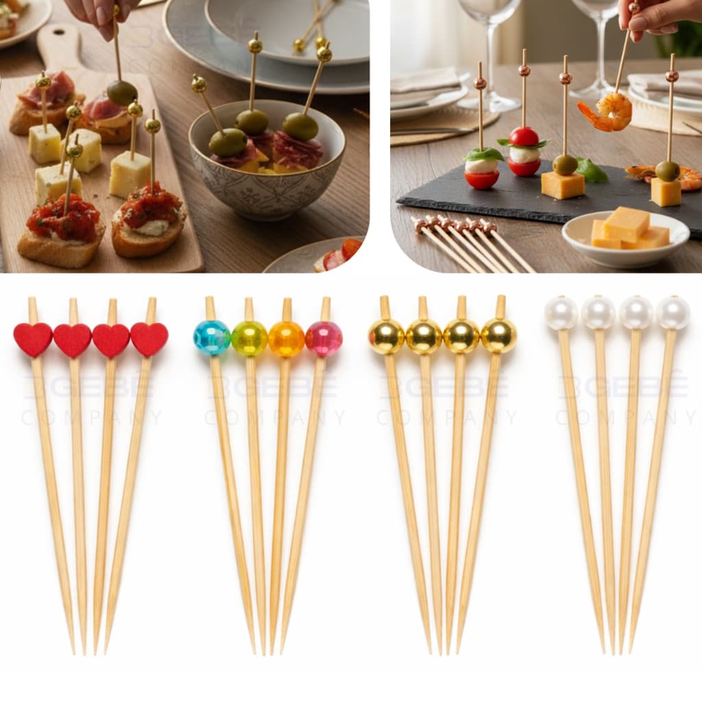 Kit 20 a 60Palitos para Petiscos Bambu 12cm com Bolinha Decorativa Aperitivos Tábua de Frios, Festas
