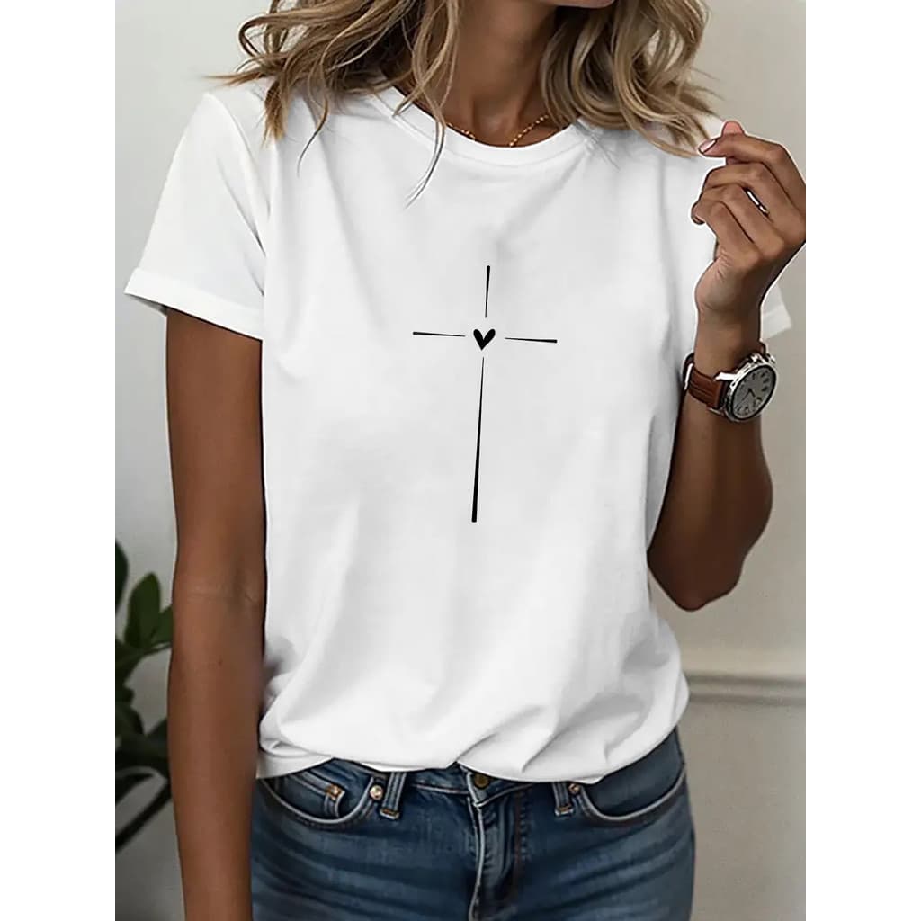 Camisa com design de cruz e coração conforto para todas as estações, top de cruz, t-shirt cristã para mulheres camiseta
