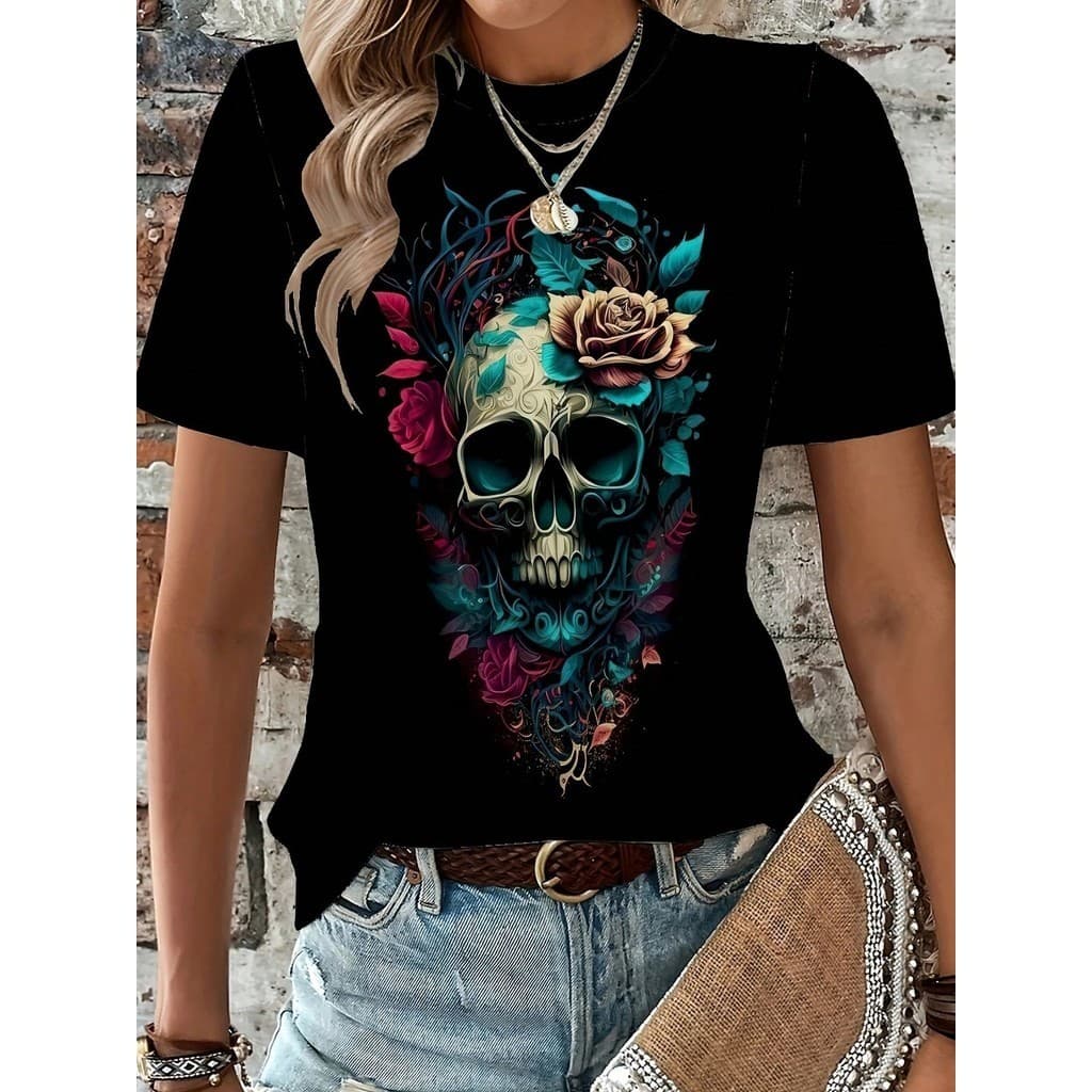 Camiseta Unissex Premium 100% Algodão Estampa Caveira Flores Florida Dark Envio Imediato