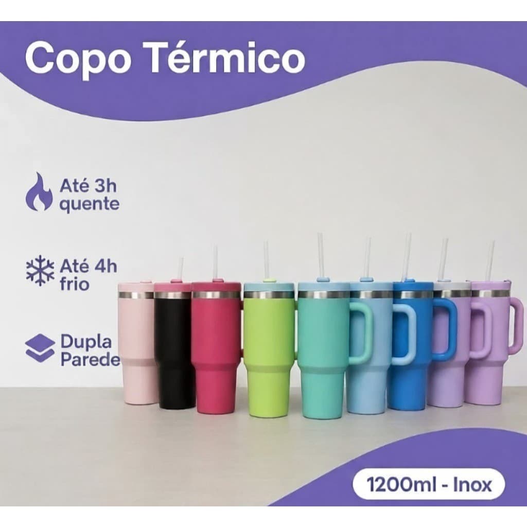 Garrafa Térmica de Água 1,2L com Alça e Canudo Reutilizável, Copo Termico Inox Parede Dupla, Mantém Quente e Frio