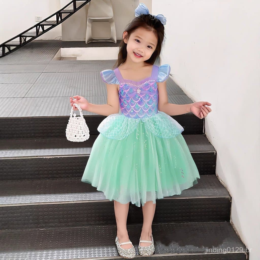 Meninas mangas voadoras estilingue gaze saia bebê menina verão doce lantejoulas traje sereia vestido de princesa