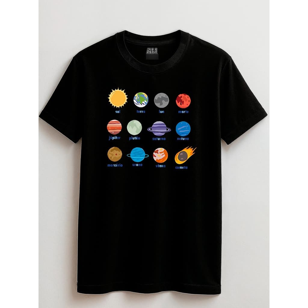 Camisa Infantil Juvenil 100 Algodão Sistema Solar Espaço