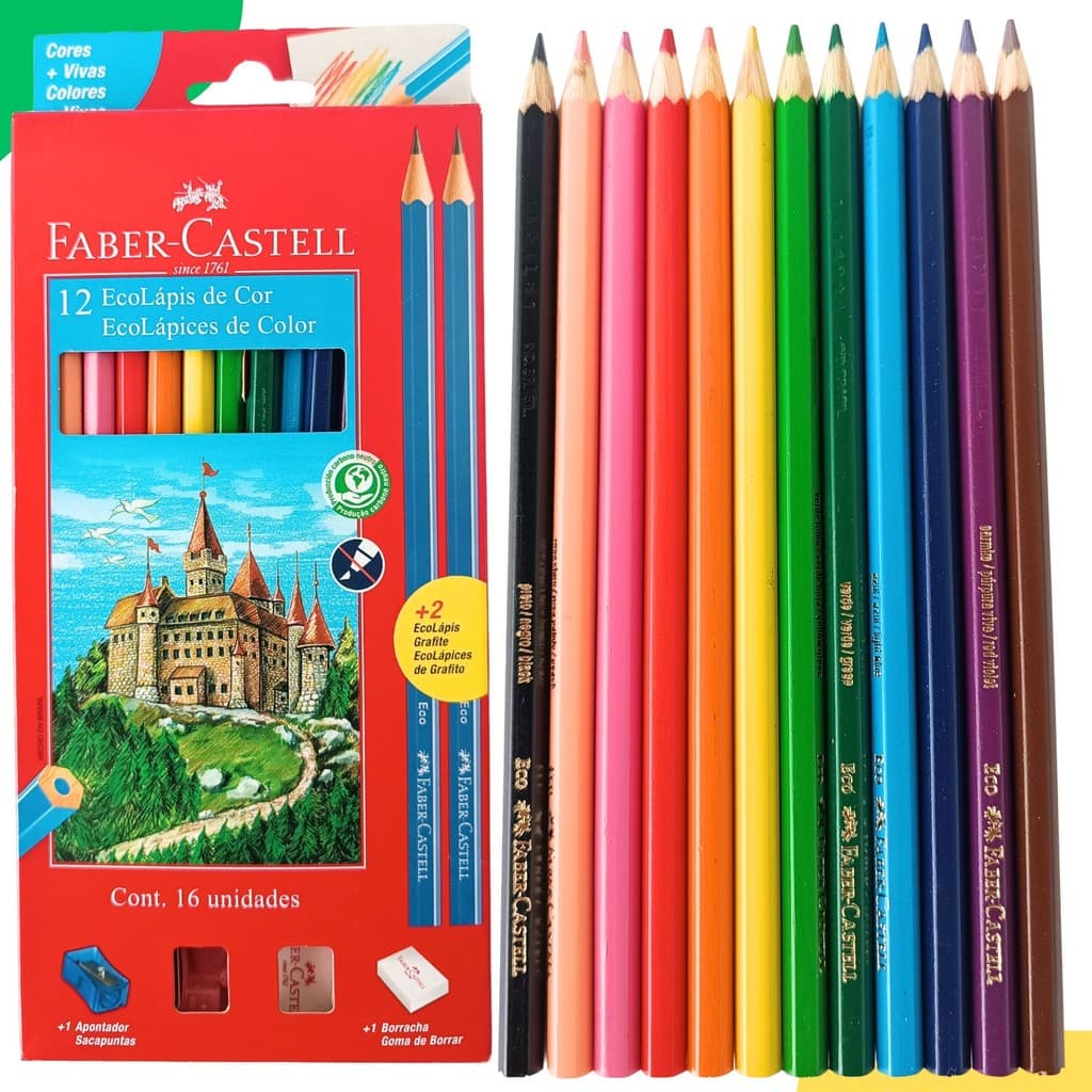 Kit Com 12 Cores 2 Lápis Grafite Apontador Borracha Faber Castell
