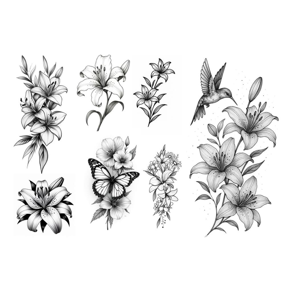 01 Cartela  Tatuagem Temporária Falsa Flores Lirio com 7 Tatuagem