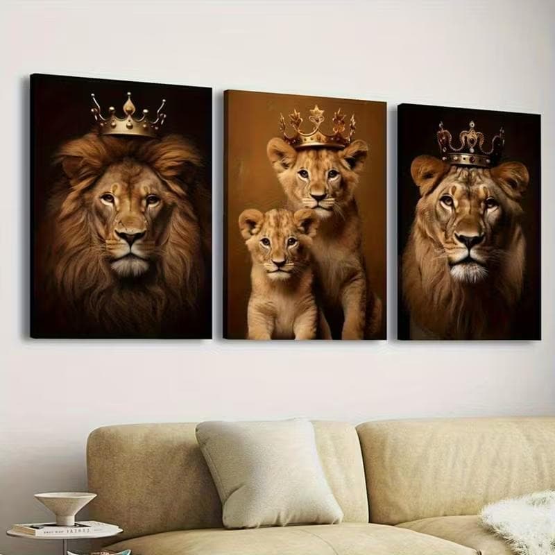 Quadro Decorativo Tríptico Leões Reais com Coroas de Ouro