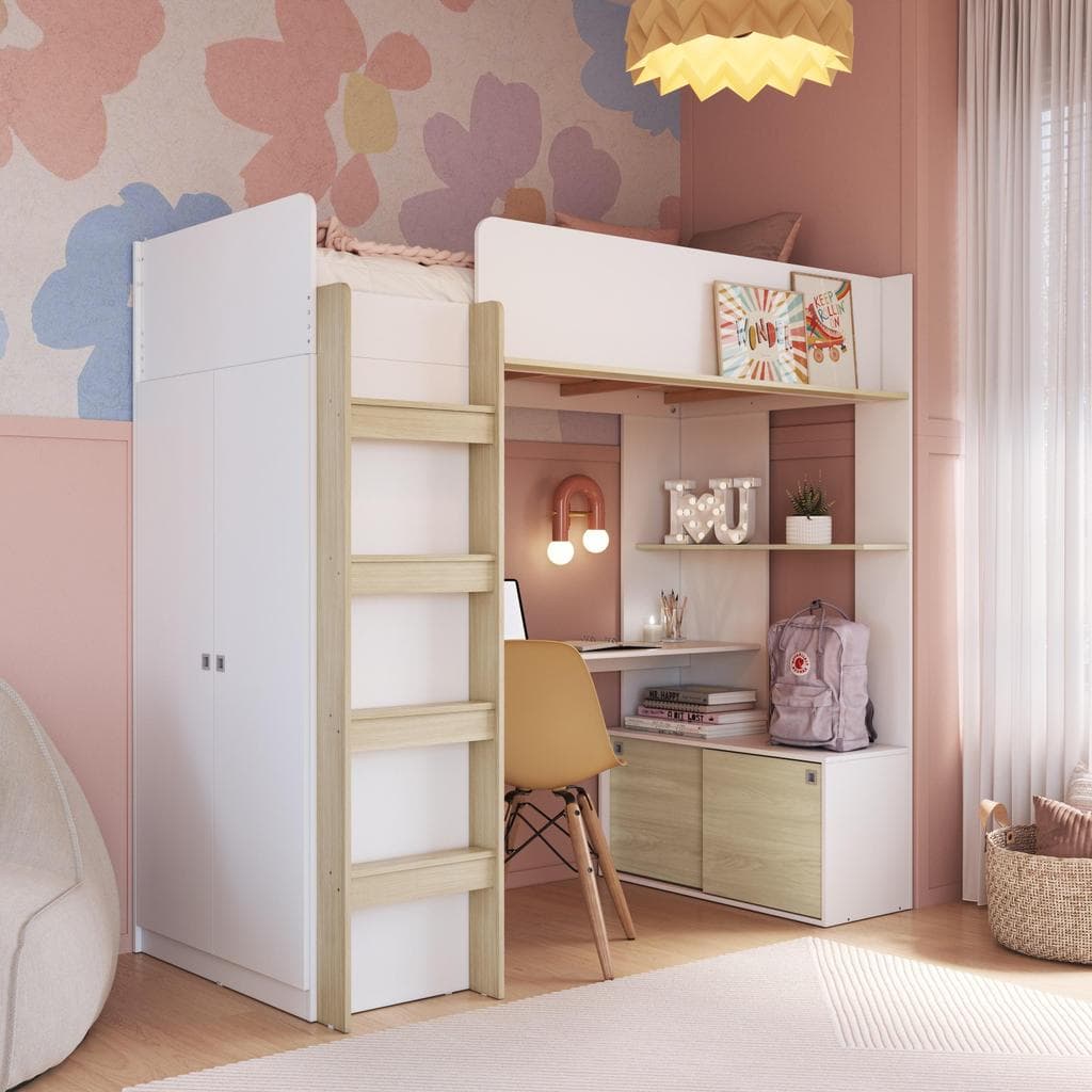 Cama Infantil Alta Multifuncional Office Solteiro com Armário, Escrivaninha, Cabideiro e Prateleira