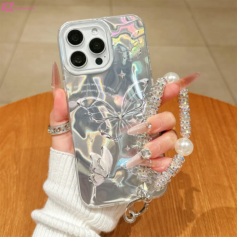 Capa Para Samsung S24 Plus S23 FE S23Ullta S21 S22 S20 A56 A55 A54 A16 A15 A35 Ondas De Água Borboleta Prateada Caso De