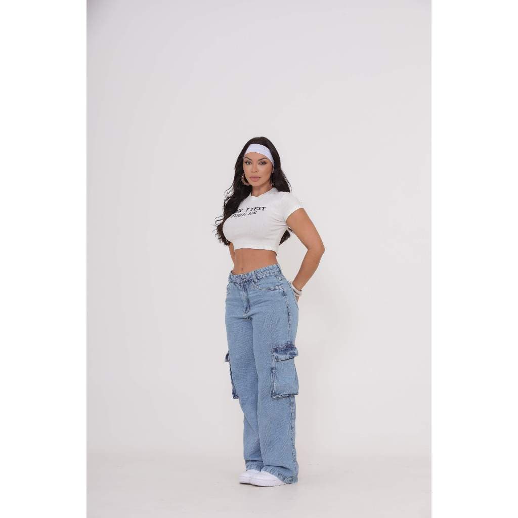 INFINITO MODA Calça JEANS  Cargo Feminina  Cintura Alta Marmorizada 100% bolsos Tecido Grosso MODA FEMININA