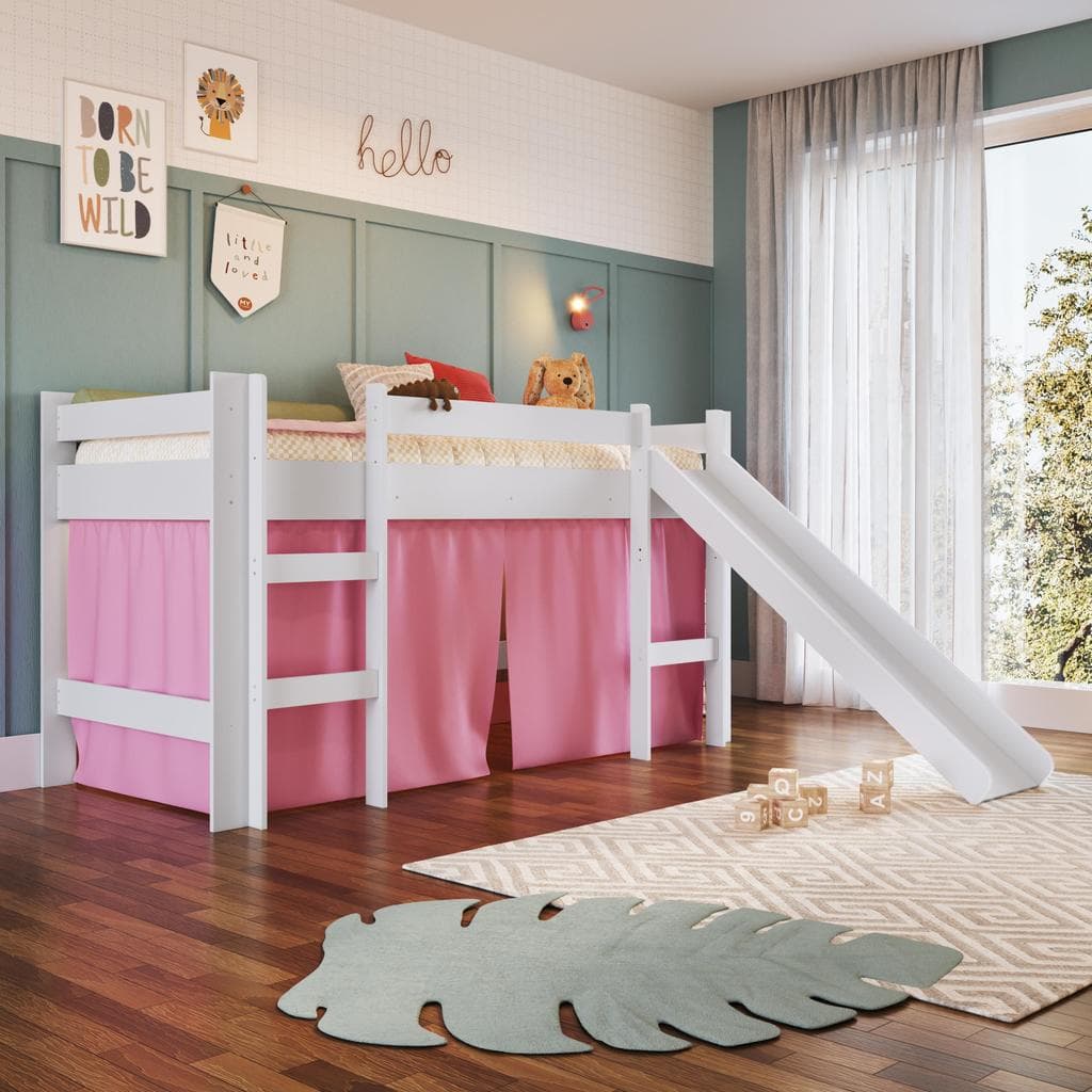 Cama Infantil Elevada com Escorregador 188x78cm Escada e Proteção Lateral Branca com Cortina Rosa