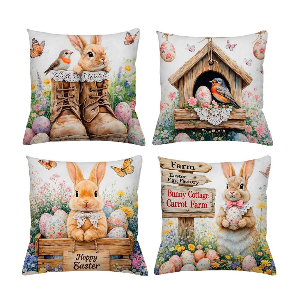 Kit 4 Capas Para Almofadas Decorativas de Páscoa - Ovos Coelhinho Feliz Páscoa 45x45 cm