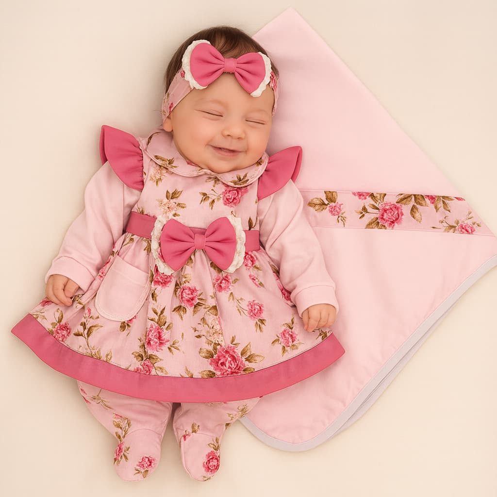 Saída Maternidade Menina Pompom  Floral Kit 05 Peças