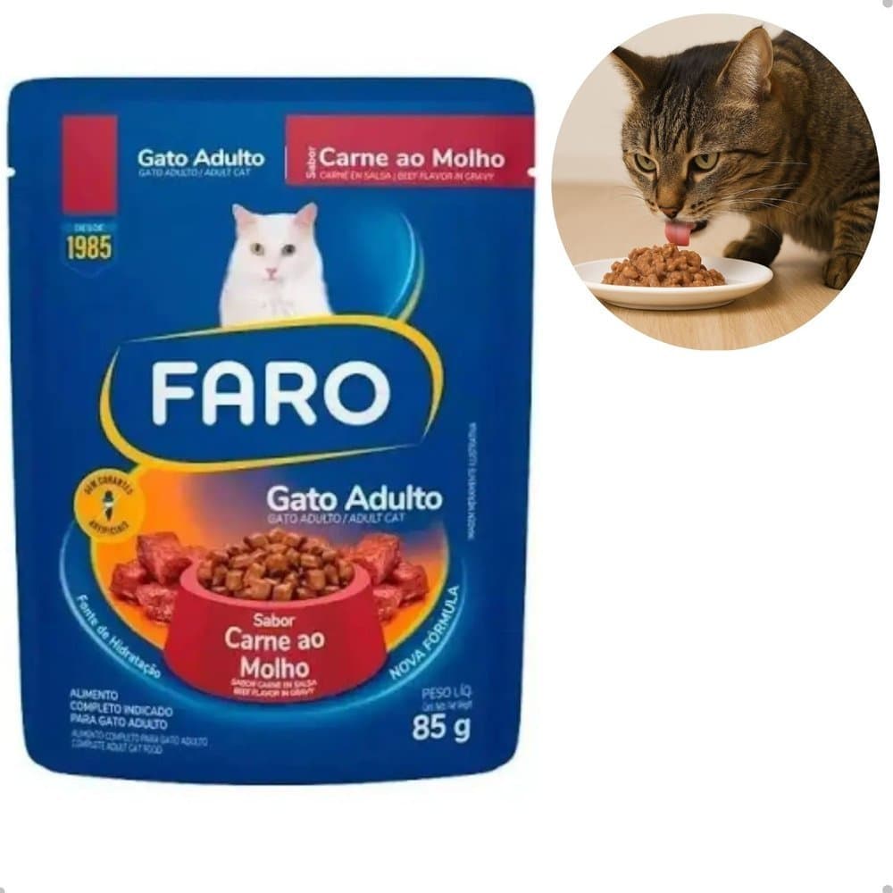 RAÇÃO ÚMIDA FARO SACHE PARA GATOS ADULTO CARNE 18X85GR