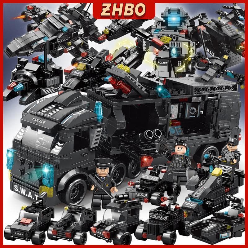 585pcs Policial Swat Robô Avião Navio de guerra Brinquedo Peças compatíveis Blocos de outras marcas
