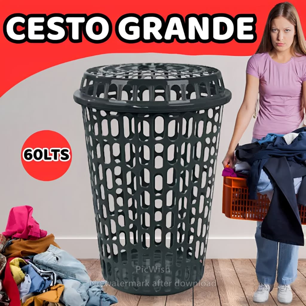 Cesto De Roupas Sujas Telado 60 Litros Com Tampa Preto Casa Apartamento Lavanderia