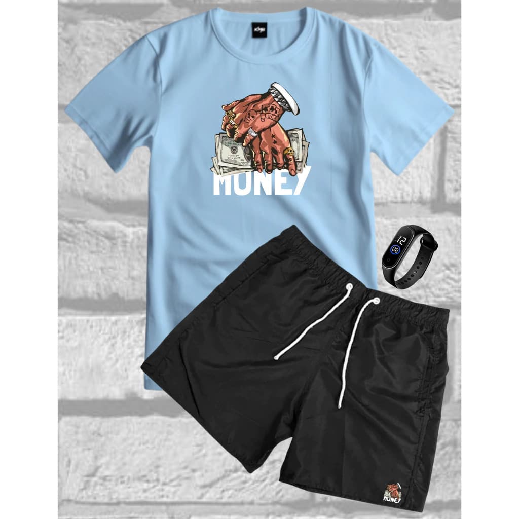 Kit Conjunto Masculino Camisa Money 100% Algodão Fio 30.1 + Bermuda Tactel Leve Estampada + Relogio Digital