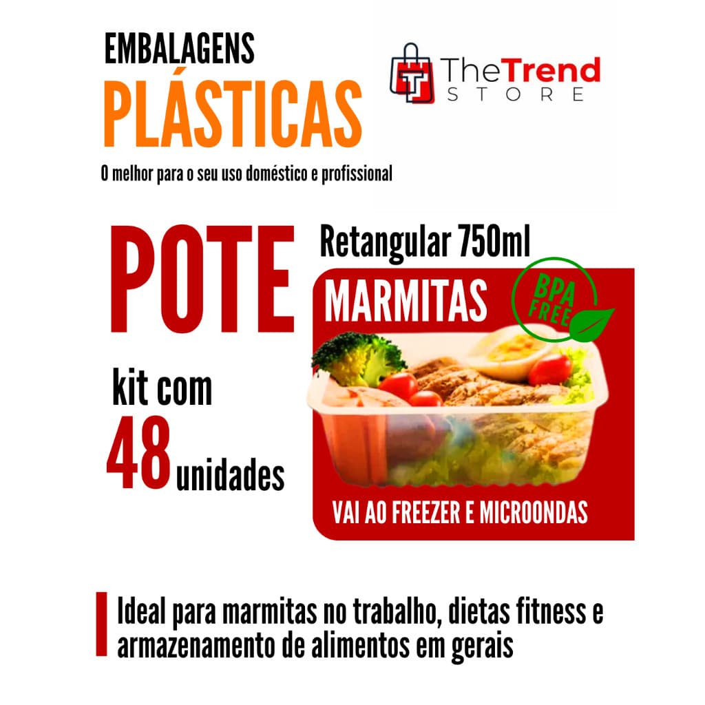 kit 48 uni Potes Marmita fitness embalagem descartável transparente 750 ml  BPA Free  vai ao freezer e microondas