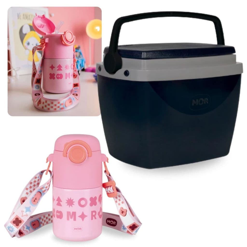 Kit Garrafa Térmica Infantil em Inox Kids 500ml Rosa + Caixa Térmica 6 Litros Preta
