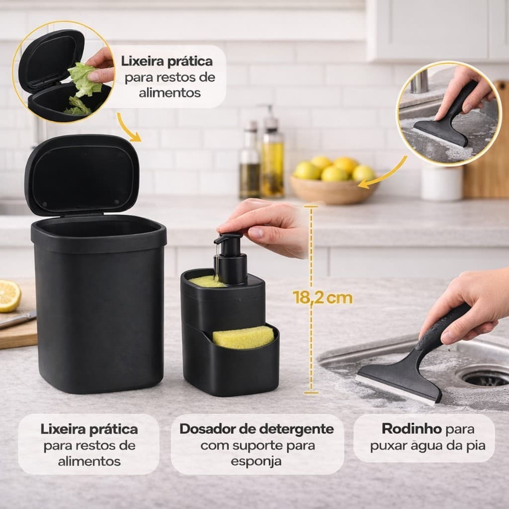Kit Organização Pia Cozinha Lixeira 3,5 litros Dispenser Detergente  + Rodinho Preto 13cm