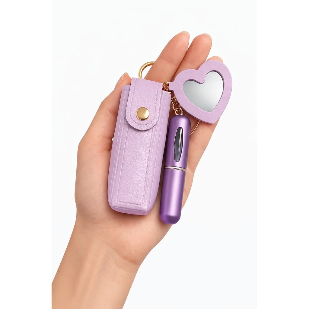 Kit Porta Perfume Recarregável 5ml + Espelho Coração e Bolsinha Porta Baton Compacta para Bolsa