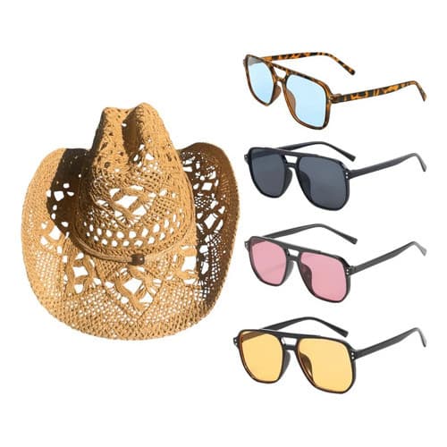 Kit Chapéu De Praia Palha Vazado E Óculos Quadrado Feminino Kit Chapéu Caramelo / 4 Óculos Un