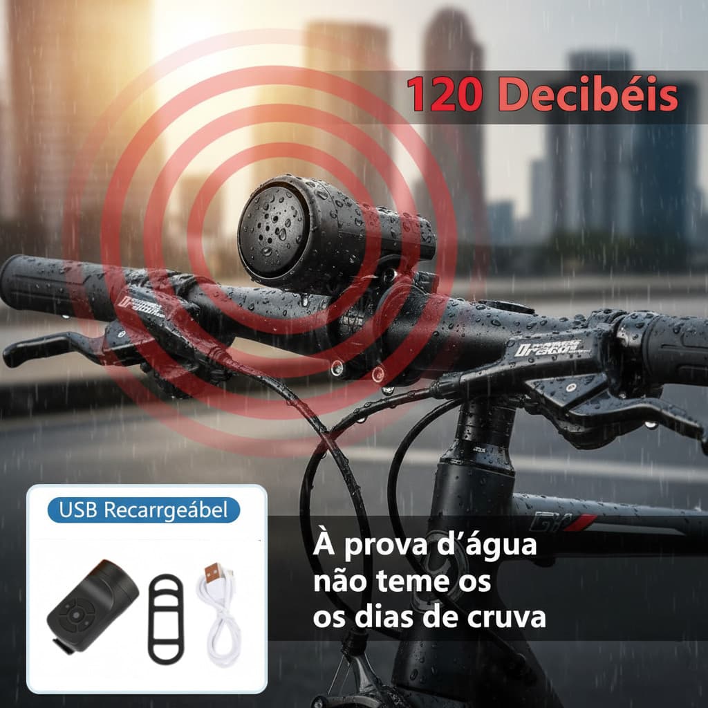 Alarme de Bicicleta com Buzina Alta (120dB) - Recarregável, Impermeável e Função Antifurto