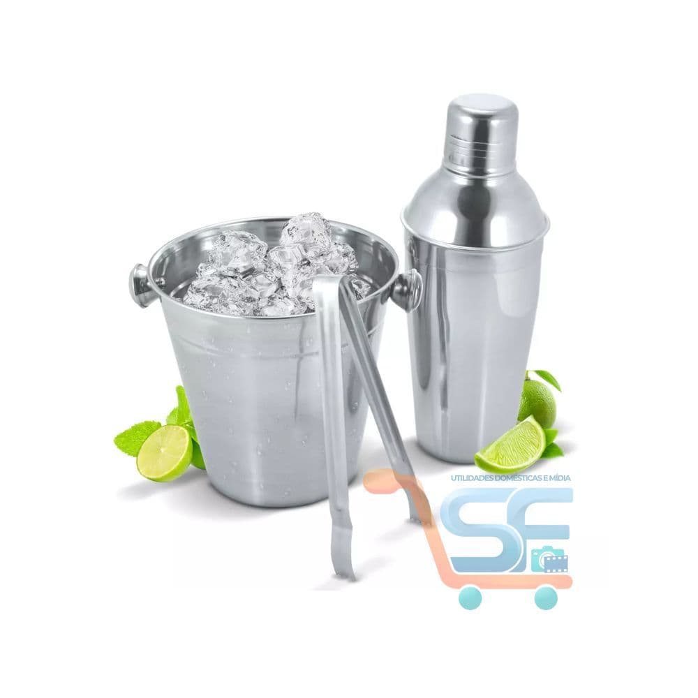 Kit Bar Inox 3 Peças Balde Coqueteleira Pegador Bebidas Drinks Profissional