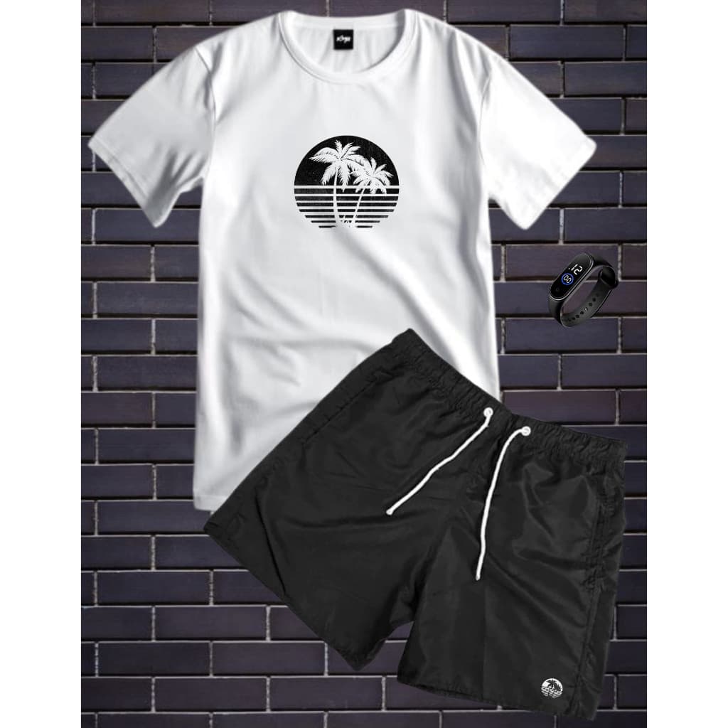 Conjunto kit masculino coqueiro camisa 100% algodão e bermuda tactel estampada + relogio a prova d'agua top
